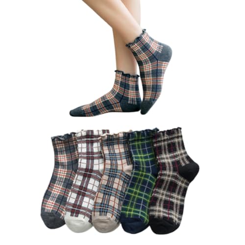 AKAMAS 5 Paare Damen Bunt Karierte Socken,Lässige Socken mit Rüschen,Lustige Schottischer Tartan Muster Knöchelsocken,Atmungsaktiv Baumwollsocken,Geschenke für Mädchen und Frauen A von AKAMAS