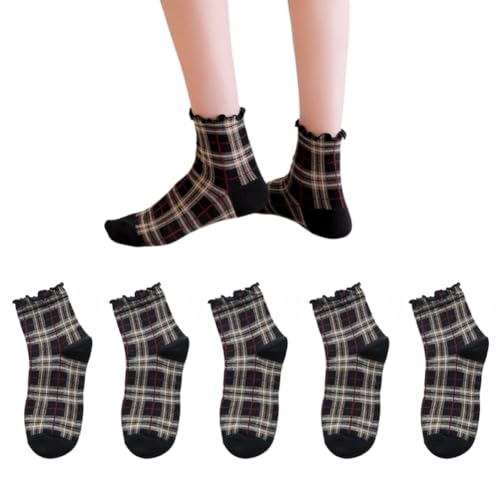 AKAMAS 5 Paare Damen Bunt Karierte Socken,Lässige Socken mit Rüschen,Lustige Schottischer Tartan Muster Knöchelsocken,Atmungsaktiv Baumwollsocken,Geschenke für Mädchen und Frauen B von AKAMAS