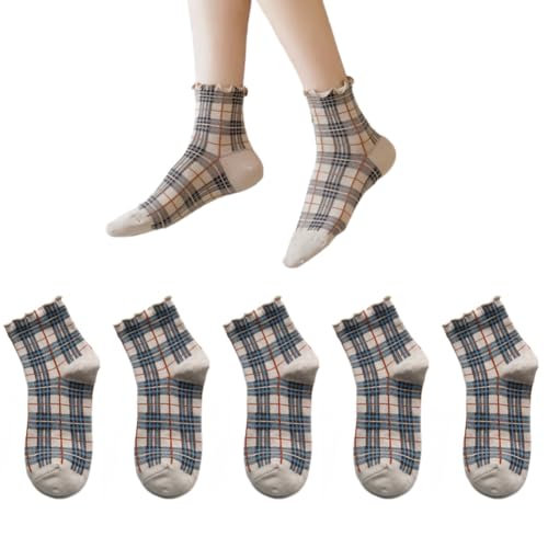 AKAMAS 5 Paare Damen Bunt Karierte Socken,Lässige Socken mit Rüschen,Lustige Schottischer Tartan Muster Knöchelsocken,Atmungsaktiv Baumwollsocken,Geschenke für Mädchen und Frauen C von AKAMAS