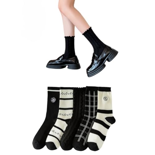 AKAMAS 5 Paare Damen Lustige Schwarz Weiß Freizeit Socken,Karierte Blumen Gestreifte Muster Rüschen Socken,Niedliche Stickerei Muster Knöchelsocken,Atmungsaktive Warm Baumwollsocken Kleid Socken von AKAMAS