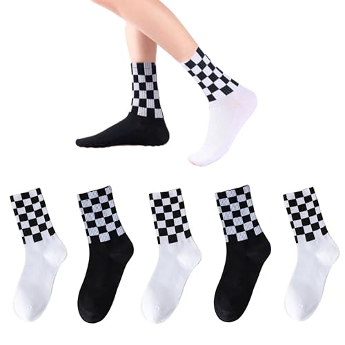 AKAMAS 5 Paare Damen Schwarz-Weiß Karierten Socken,Lustige Schach Schachbrett-Socken,Vintage Atmungsaktive Baumwollsocken Sportsocken,Täglich Lässig Trend Knöchelsocken,Geschenke für Frauen von AKAMAS