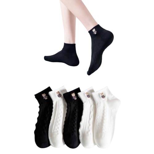 AKAMAS 5 Paare Damen Schwarz Weiß Solid Söckchen,Lustige Cartoon Shiba Inu Stickerei Crew Socken,Süße Geprägtes Muster Socken,Atmungsaktive Baumwolle Sport Freizeit Söckchen von AKAMAS
