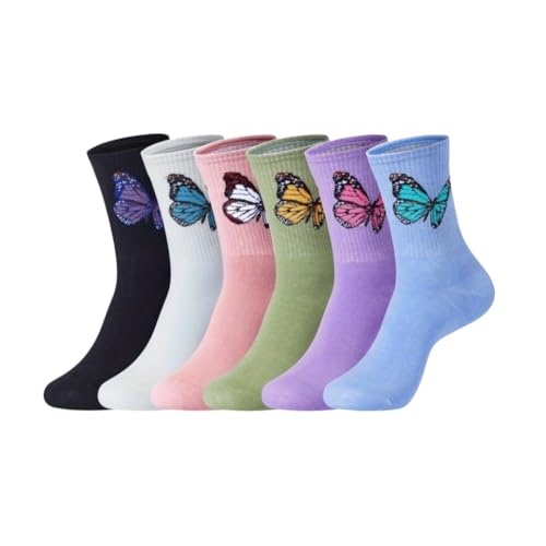 AKAMAS 6 Paar Damen Bunte Freizeit Socken,Lustige Bunte Schmetterling Druck Muster Crew Socken,Atmungsaktive Warme Baumwollsocken Sportsocken,Modische Witzige Motiv Knöchelsocken für Mädchen von AKAMAS