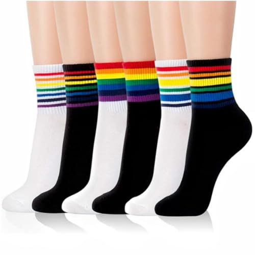 AKAMAS 6 Paar Damen Bunte Gestreifte Regenbogen Muster Socken Weiß Schwarz LGBTQ Stolz Sportsocken Baumwollsocken Lustige Crew Socken Casual Socken Knöchelsocken von AKAMAS