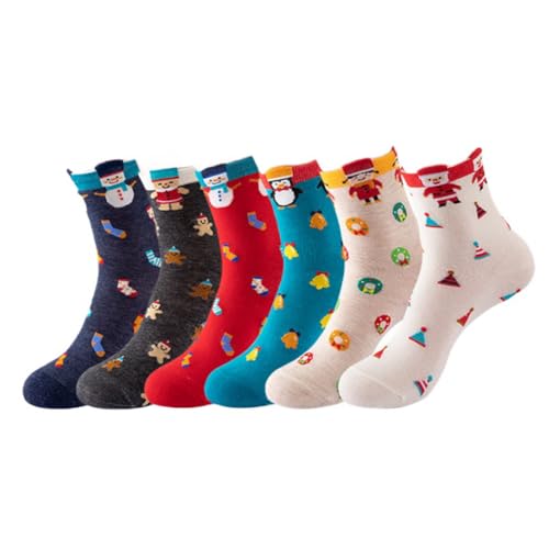 AKAMAS 6 Paar Damen Bunte Socken,Lustige Karikatur Tier Crew Socken,Niedlicher Schneemann Pinguin Alter Mann Lebkuchenmann Gemusterte Knöchelsocken,Frauen Warme Winter Baumwollsocken Freizeit-Socken von AKAMAS