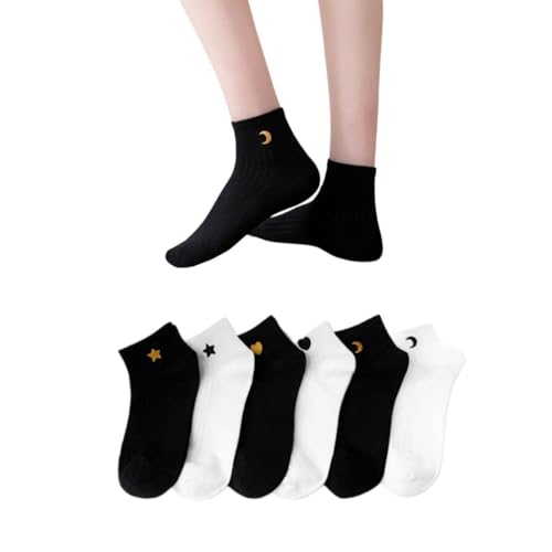 AKAMAS 6 Paar Damen Kurze Socken,Schwarz Weiß Einfarbig Söckchen,Stern Mond Liebe Muster Crew Socken,Lustige Stickerei Atmungsaktive Baumwolle Sportsocken Geschenke A von AKAMAS