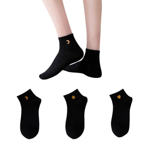 AKAMAS 6 Paar Damen Kurze Socken,Schwarz Weiß Einfarbig Söckchen,Stern Mond Liebe Muster Crew Socken,Lustige Stickerei Atmungsaktive Baumwolle Sportsocken Geschenke C von AKAMAS