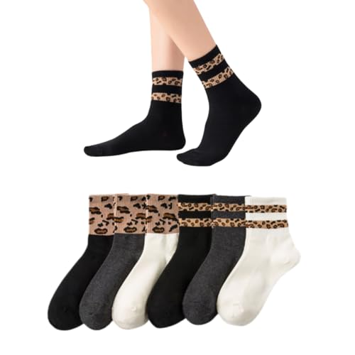 AKAMAS 6 Paar Damen Lustige Leopardenmuster Tier Leopard Lässige Socken,Warm Atmungsaktive Sportsocken,Verrückte Leoparden Streifen Motiv Baumwolle Crew Socken,Kreative Geschenke A von AKAMAS