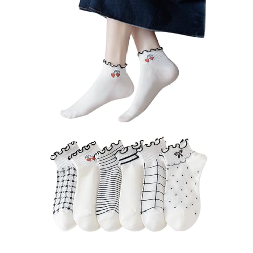 AKAMAS 6 Paar Damen Rüschensocken,Karierte Punkt Muster Kurze Socken,Lustige Kirschfrucht Schleife Muster Knöchelsocken,Retro Gestreifte Freizeitsocken,Atmungsaktive Baumwollsocken Sportsocken von AKAMAS