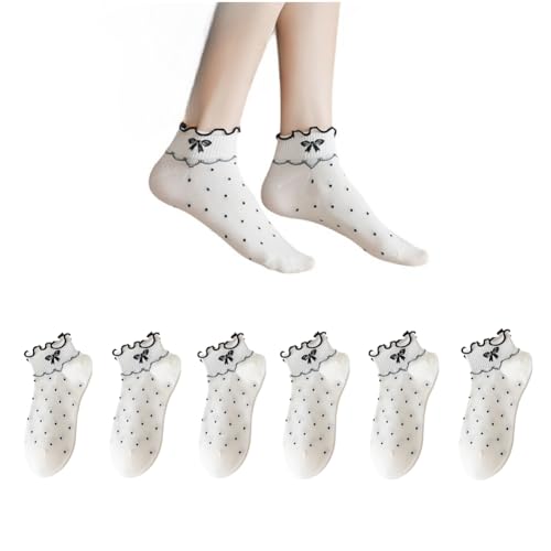 AKAMAS 6 Paar Damen Rüschensocken,Karierte Punkt Muster Kurze Socken,Lustige Kirschfrucht Schleife Muster Knöchelsocken,Retro Gestreifte Freizeitsocken,Atmungsaktive Baumwollsocken Sportsocken von AKAMAS