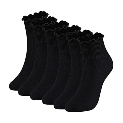 AKAMAS 6 Paar Damen Spitzen Rüschen Socken,Weiche Atmungsaktive Baumwollsocken,Wendemanschetten,Wellensocken,Solid Kurzsocken Knöchelsocken Sneakersocken für Frauen Mädchen C von AKAMAS