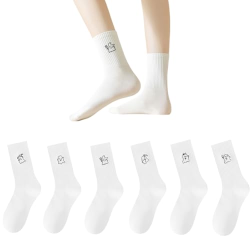 AKAMAS 6 Paar Damen Weiße Einfarbige Niedliches Gesticktes Gespenst Muster Crew Socken,Warme Atmungsaktive Baumwollsocken,Lustige Cartoon Muster Halloween Freizeit Socken von AKAMAS