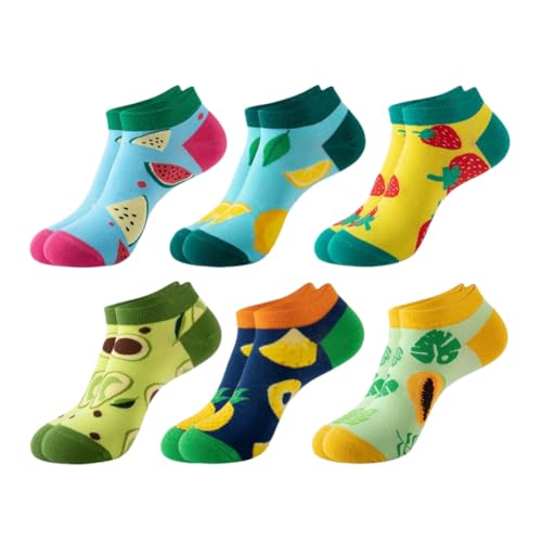 AKAMAS 6 Paar Damen&Herren Lustige Bunte Obst Muster Socken,Ananas Wassermelone Avocado Erdbeere Zitrone Papaya Motiv Mehrfarbige Socken,Atmungsaktive Warme Baumwolle Freizeit Söckchen(Größe37-43) B von AKAMAS