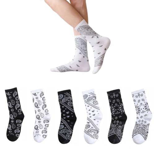 AKAMAS 6 Paar Damen & Herren Paisley Bandana Muster Crew Socken,Lustige Blumen Gemusterte Lässige Lange Socken,Atmungsaktive Baumwollsocken Sportsocken Arbeitssocken,Witzige Hip-Pop Wandersocken A von AKAMAS