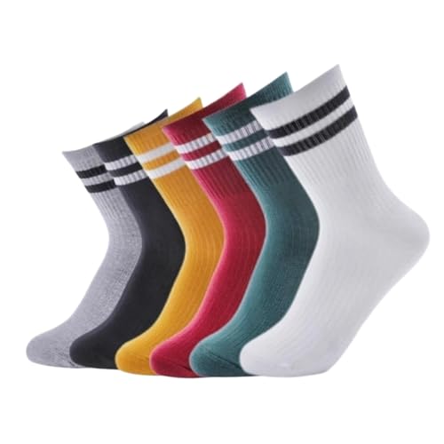 AKAMAS 6 Paar Gestreifte Damensocken,Atmungsaktive Baumwollsocken Sportsocken,Vintage Retro Casual Socken,Mädchen Bunt Streifen Tennissocken,Doppelstreifen Crew Socken Geschenke von AKAMAS