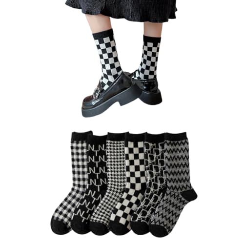AKAMAS Damen Schwarz Weiß Schachbrettmuster Wollsocken,Lustige Buchstabendruck Socken,Unregelmäßiger Streifen Lässige Socken,Warme Dicke Winter Thermosocken,Verrückte Karierte Cew Socken A von AKAMAS