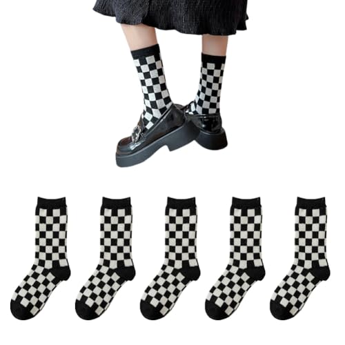 AKAMAS Damen Schwarz Weiß Schachbrettmuster Wollsocken,Lustige Buchstabendruck Socken,Unregelmäßiger Streifen Lässige Socken,Warme Dicke Winter Thermosocken,Verrückte Karierte Cew Socken B von AKAMAS