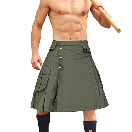 AKARMY Herren-Kilt für Herren, Camouflage, schottischer Outdoor-Utility, plissiert, taktischer Kilt, Irish Highland Hybrid Kilts, Militär, Grün, 34 von AKARMY