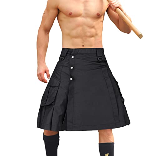 AKARMY Herren-Kilt für Herren, Camouflage, schottischer Outdoor-Utility, plissiert, taktischer Kilt, Irish Highland Hybrid Kilts, Schwarz, 34 von AKARMY