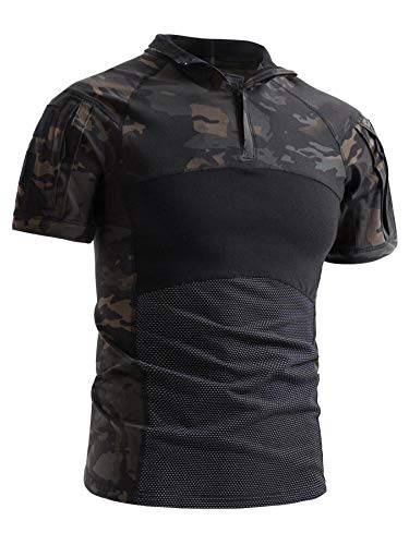Akarmy Herren Kurzarm-T-Shirt Tactical Military Combat Cargo Pullover Outdoor Camo Shirt mit 1/4 Reißverschluss - Schwarz - Mittel von AKARMY