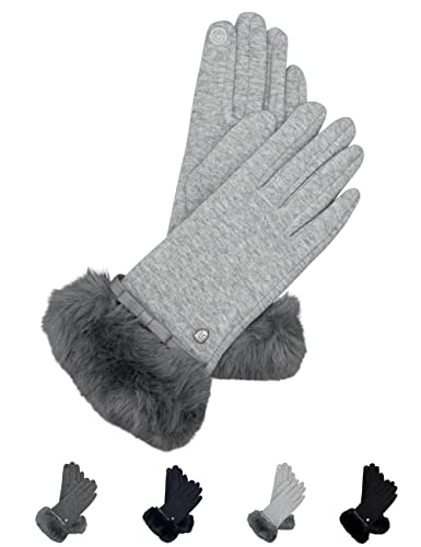 AKAROA ESTD 2019 Damen Handschuhe Liz, Touchscreen Handschuhe, extra weiches Teddyfutter, elastisches Jerseymaterial, Kunstfellstulpe, 100% vegan, hellgrau melange, XL von AKAROA ESTD 2019