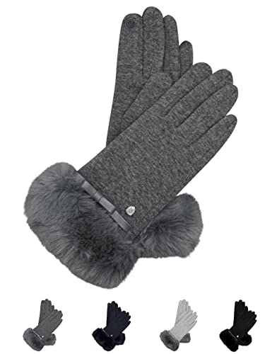 AKAROA ESTD 2019 Damen Handschuhe Liz, Touchscreen Handschuhe, extra weiches Teddyfutter, elastisches Jerseymaterial, Kunstfellstulpe, 100% vegan, anthrazit, M/L von AKAROA ESTD 2019