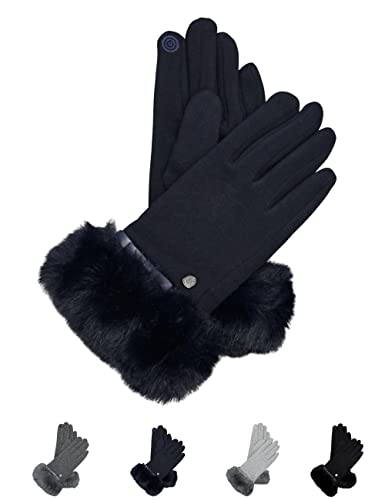 AKAROA ESTD 2019 Damen Handschuhe Liz, Touchscreen Handschuhe, extra weiches Teddyfutter, elastisches Jerseymaterial, Kunstfellstulpe, 100% vegan, marineblau, M/L von AKAROA ESTD 2019