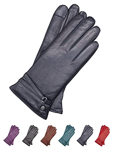 AKAROA ESTD 2019 Lederhandschuhe Damen ISA2, Touchscreen Funktion, italienisches Leder, recyceltes Strickfutter aus 50% Kaschmir und 50% Wolle, 4 Größen S - XL, marineblau, L - 8 von AKAROA ESTD 2019