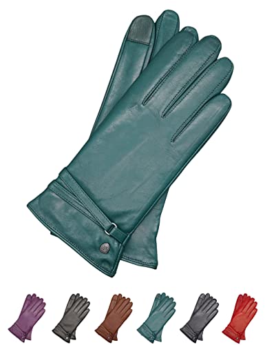 AKAROA ESTD 2019 Lederhandschuhe Damen ISA2, Touchscreen Funktion, italienisches Leder, recyceltes Strickfutter aus 50% Kaschmir und 50% Wolle, 4 Größen S - XL, flaschengruen, S - 7 von AKAROA ESTD 2019