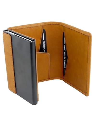 AKAROA – Kartenetui Slim Wallet Herren Rindsleder Pelle – Pop-up Card Holder Geldbeutel mit RFID Schutz und Kartenauswurf 7x10cm - Extra Kartenfächer, Scheinfach & Magnetverschluss – Vintage Tan von AKAROA ESTD 2019
