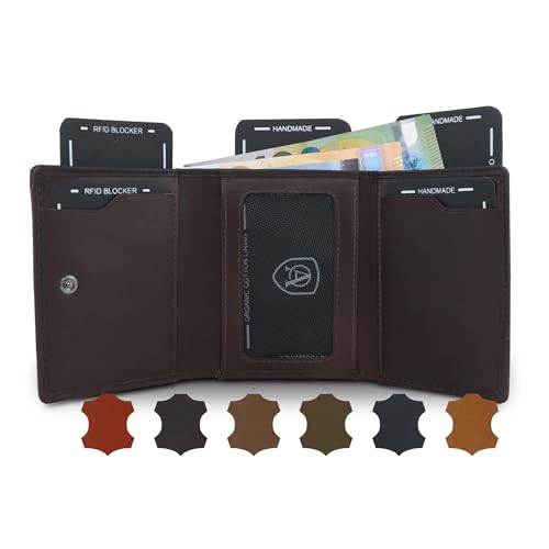 AKAROA – Trifold Geldbörse Herren echtes Rindsleder Henry – Portmonee Herren 7,5x9,5cm mit 10 Kartenfächern & Münzfach mit YKK Reißverschluss – Geldbeutel im Hochformat mit RFID Schutz – Braun von AKAROA ESTD 2019