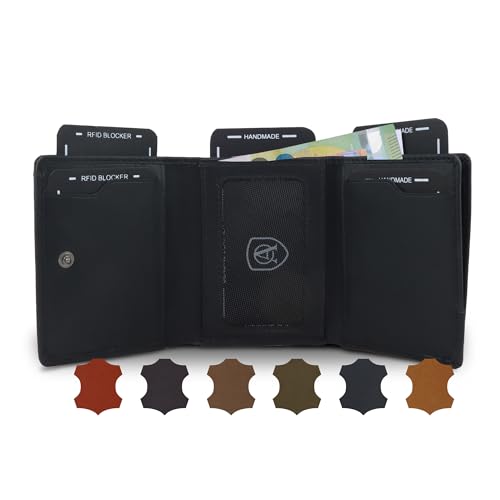 AKAROA – Trifold Geldbörse Herren echtes Rindsleder Henry – Portmonee Herren 7,5x9,5cm mit 10 Kartenfächern & Münzfach mit YKK Reißverschluss – Geldbeutel im Hochformat mit RFID Schutz – Schwarz von AKAROA ESTD 2019
