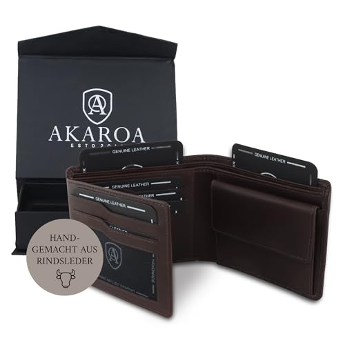 AKAROA – Trifold Geldbörse Herren echtes Rindsleder Quinn – Portmonee Herren 11,5x9cm mit 13 Kartenfächern & Münzfach mit Druckknopf – Geldbeutel im Querformat mit RFID Schutz – Braun von AKAROA ESTD 2019