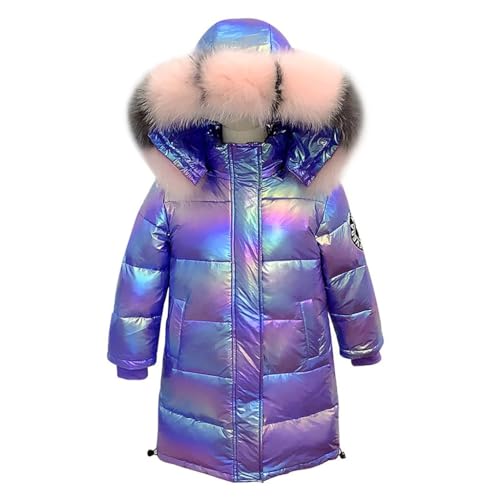 AKAUFENG Lange Wintermantel Mädchen Jungen Winterjacke Unisex Steppjacke mit Fellkapuze und Reflektion Design von AKAUFENG