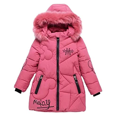 AKAUFENG Mantel Mädchen Winterjacke Kinder Anorak Steppjacke mit Fellkapuze Mini Maus Muster Design（Rosa, 160 von AKAUFENG