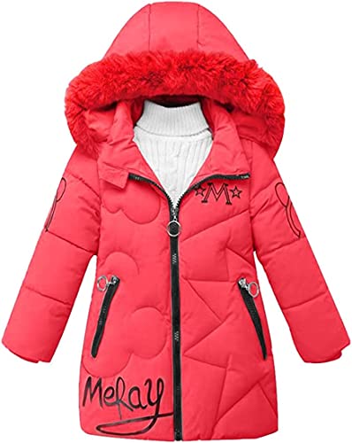 AKAUFENG Mantel Mädchen Winterjacke Kinder Anorak Steppjacke mit Fellkapuze Mini Maus Muster Design（Rot, 140 von AKAUFENG