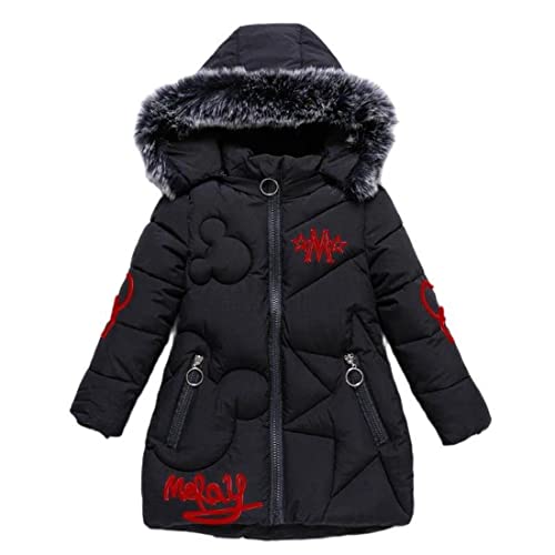 AKAUFENG Mantel Mädchen Winterjacke Kinder Anorak Steppjacke mit Fellkapuze Mini Maus Muster Design（Schwarz, 110 von AKAUFENG