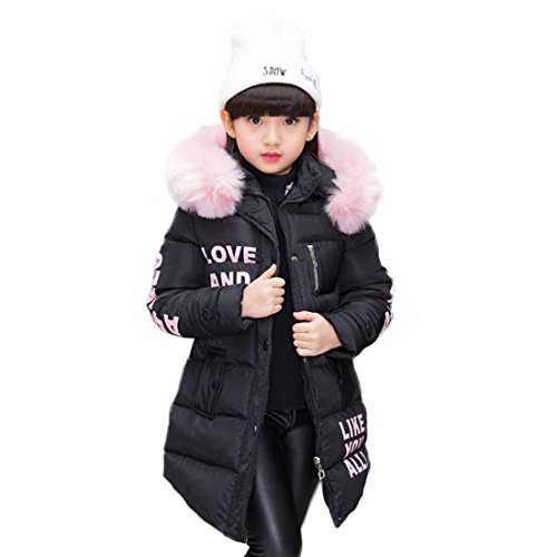 AKAUFENG Mantel Mädchen mit Fellkapuze Lang, Winterjacke Girl mit Pelzmütze Oberbekleidung Kinderjacke (Schwarz, 130) von AKAUFENG