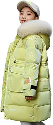 AKAUFENG Winterjacke Mädchen Kinder Wintermantel Girl Lange Steppjacke mit Fellkapuze und Reflektierend „ CHAOS“ Buchstabe von AKAUFENG