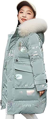 AKAUFENG Winterjacke Mädchen Kinder Wintermantel Girl Lange Steppjacke mit Fellkapuze und Reflektierend „ CHAOS“ Buchstabe von AKAUFENG