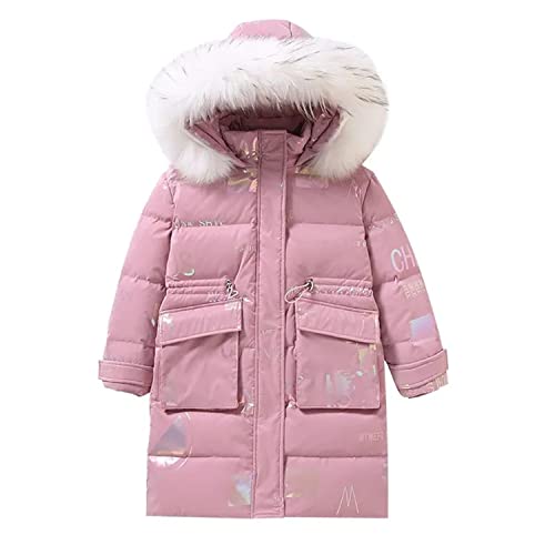 AKAUFENG Winterjacke Mädchen Kinder Wintermantel Girl Lange Steppjacke mit Fellkapuze und Reflektierend „ CHAOS“ Buchstabe von AKAUFENG