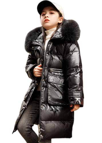 AKAUFENG Winterjacke Mädchen Kinder Wintermantel Girl Lange Steppjacke mit Fellkapuze und Reflektierend „ CHAOS“ Buchstabe von AKAUFENG