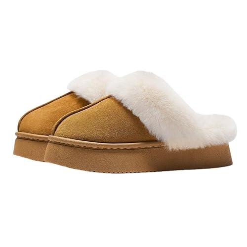 Hausschuhe damen Mann Winter Indoor Solid Color Wildleder Pelz Hausschuhe Damen Home Plattform Warme Uggs Slip-On Damen Schuhe-Braun-39-40 von AKCAKC