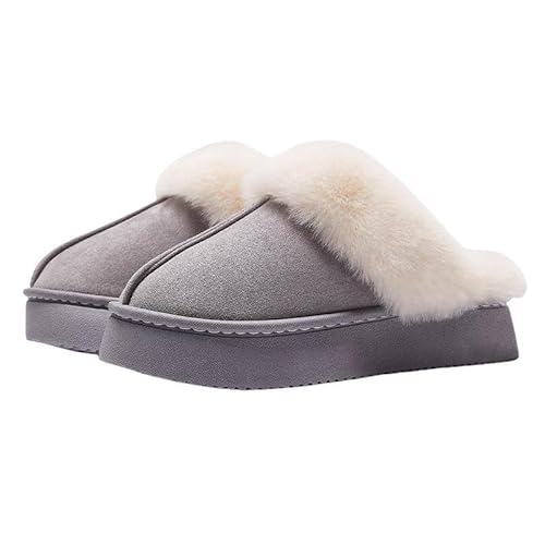 Hausschuhe damen Mann Winter Indoor Solid Color Wildleder Pelz Hausschuhe Damen Home Plattform Warme Uggs Slip-On Damen Schuhe-Grau-37-38 von AKCAKC