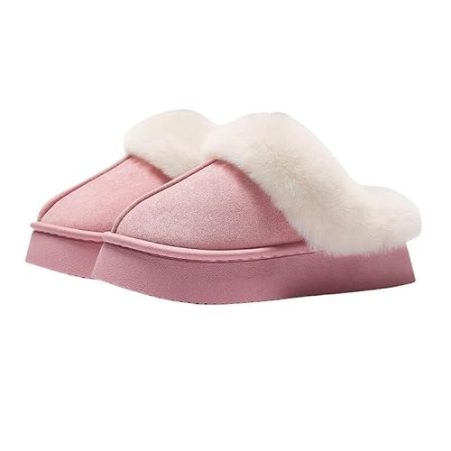 Hausschuhe damen Mann Winter Indoor Solid Color Wildleder Pelz Hausschuhe Damen Home Plattform Warme Uggs Slip-On Damen Schuhe-Rosa-37-38 von AKCAKC