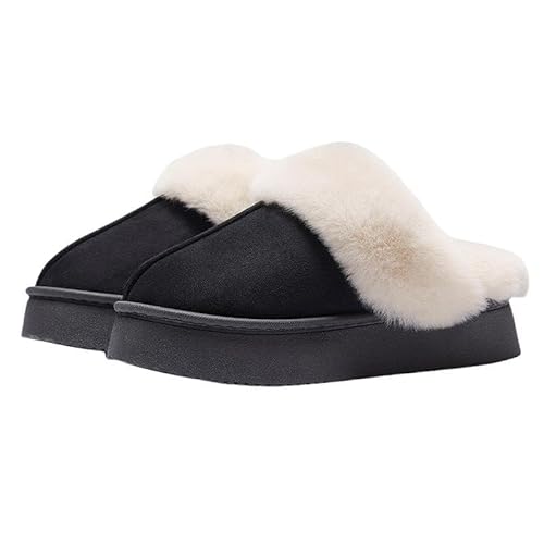 Hausschuhe damen Mann Winter Indoor Solid Color Wildleder Pelz Hausschuhe Damen Home Plattform Warme Uggs Slip-On Damen Schuhe-Schwarz-39-40 von AKCAKC