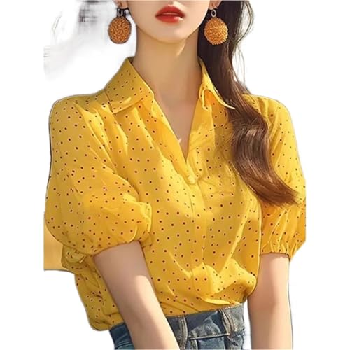 Damen T Shirt Mit Punkten Damenmode Polka Dot Print Kurzarmhemd Lässiges vielseitiges Elegantes Temperament-Oberteil(S) von AKDJGFP