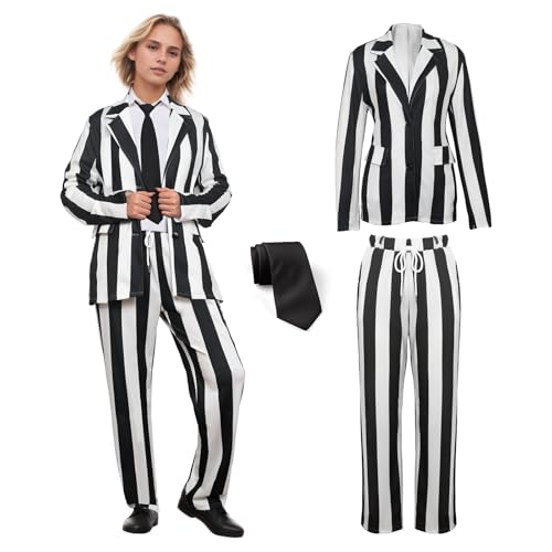 AKFJDLAD Damen Anzug mit Langen Ärmeln Schwarz Weiß Gestreift Horror Kostüm Cosplay Halloween Blazer Lange Hose Outfit mit Krawatte (2XL) von AKFJDLAD