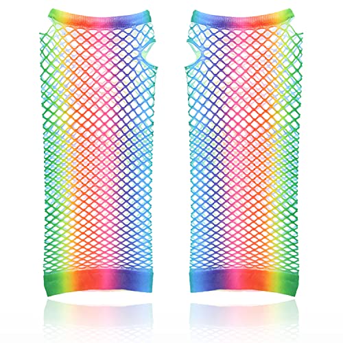 AKH® Lange Fischnetz-Handschuhe in Regenbogenfarben, Einheitsgröße für Damen, fingerlos, Netz-Handschuhe, dehnbar, Regenbogenfarben, Handgelenk-Handschuhe für 80er Jahre, Kostüm, Tutu, Zubehör von AKH