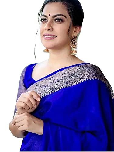 AKHILAM Damen Gewebtes Design Kanjivaram Banarasi Seide Saree mit ungenähter Bluse Stück, Blau, Einheitsgröße von AKHILAM